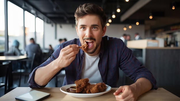 Photo man eating fried chicken with sauce in a cafe