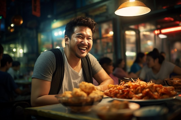 A man eating happily at a street food market at night