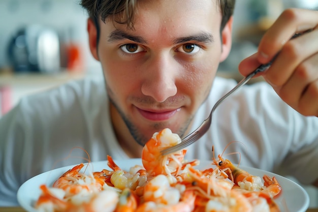 男は家で美味しい煮たエビを食べる