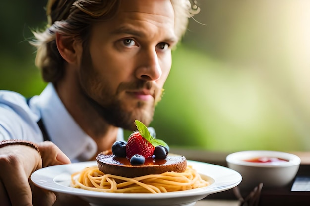 Foto un uomo mangia un piatto di cibo con un piatto di cibo che dice 