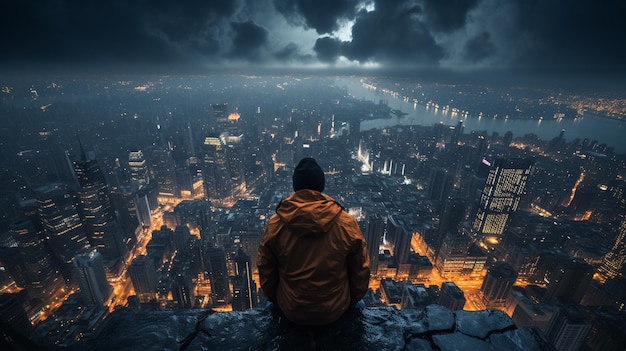 Человек на краю высотного здания на большой высоте Генеративный Ай