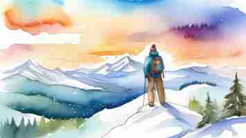 Photo man on the edge of a snowy mountain looking into the distance at the mountain peaks a moment of complete peace and solitudeconcept of travel freedom inspiration and lonelinessgreatness of nature