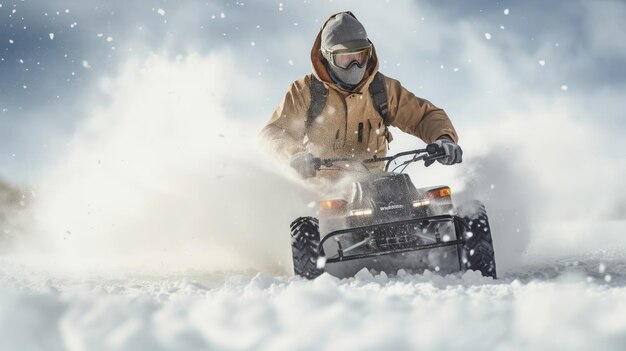 a man efficiently clearing heavy snow using a powerful snow blower Ideal for snowremoval and winter maintenance campaigns