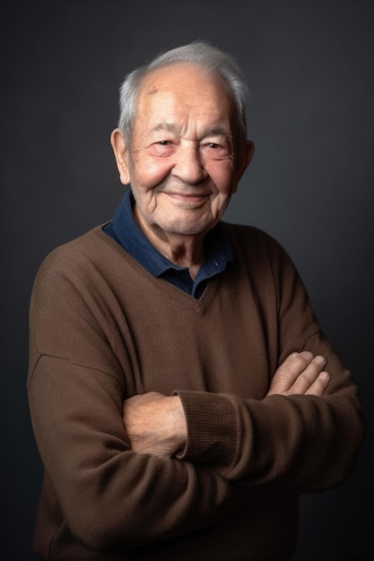 Man elderly and portrait smile with arms crossed on gray studio background