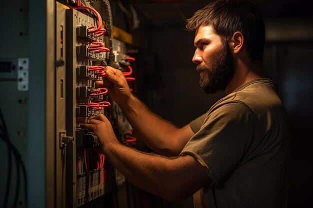 Man an electrical technician working in a switchboard with fuses installation and connection