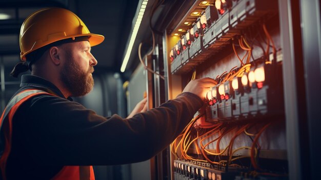 Man an electrical technician working in a switchboard with fuses installation and connection