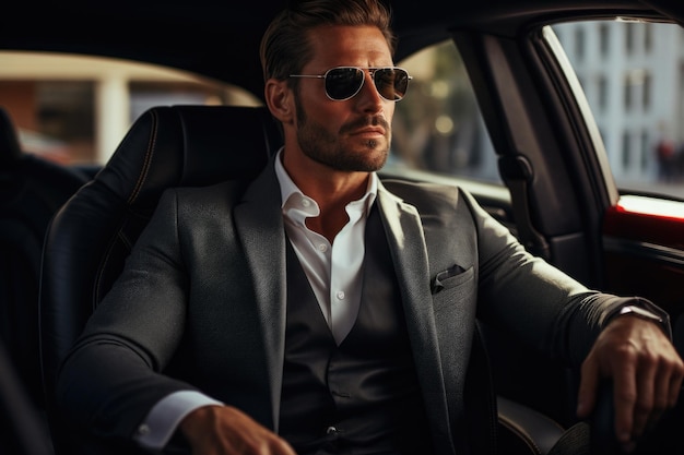 man in elegant clothes sits behind the wheel of a fine sports car photography