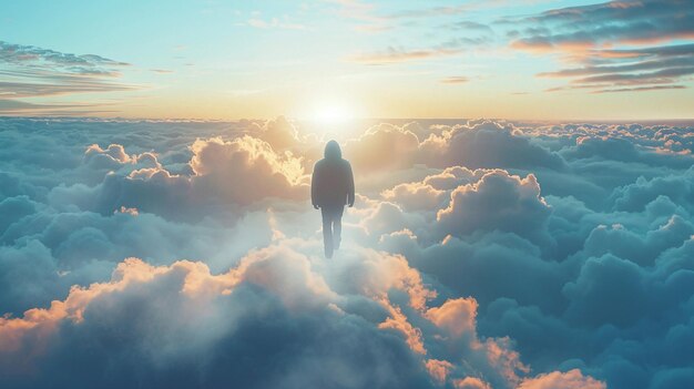 Man Embarking on Surreal Journey Over Clouds