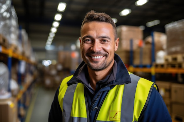 Photo man employee or supervisor looking at camera at warehouse