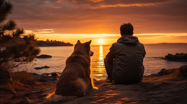 Man en hond op het strand bij zonsondergang.