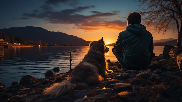 Man en hond op het strand bij zonsondergang.