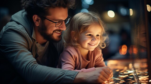 Man en jong meisje zitten samen op de computer