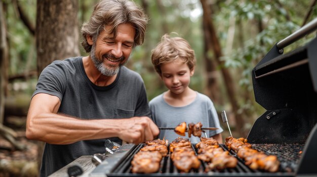 Foto man en jonge jongen koken op een grill