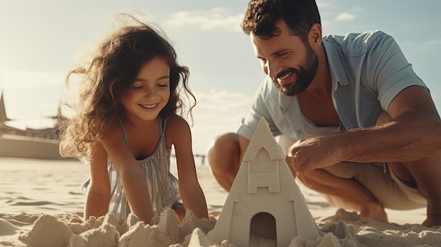 Man en meisje spelen in het zand op het strand op Vaderdag