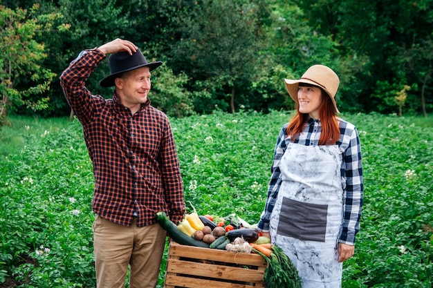 Man en vrouw boeren in hoeden met verse biologische groenten in een houten kist