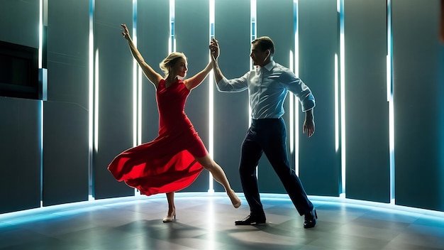 Man en vrouw dansen in een modern interieur.