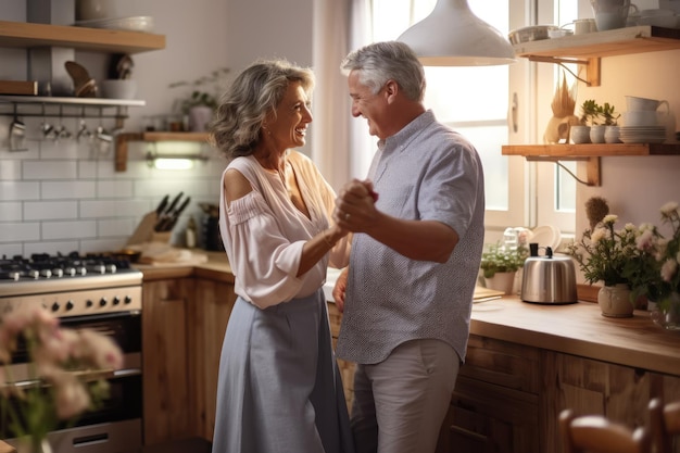 Man en vrouw dansen thuis in de keukenruimte Generatieve AI