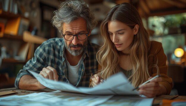 Foto man en vrouw die bouwplannen herzien