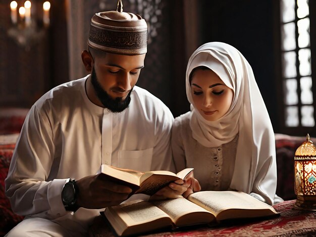 Foto man en vrouw die samen de koran reciteren