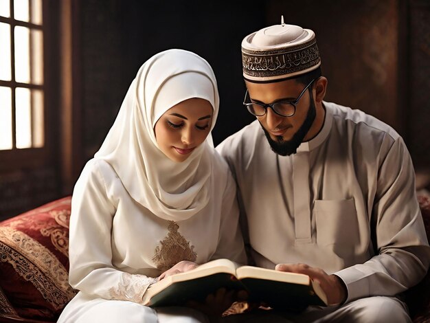 Foto man en vrouw die samen de koran reciteren