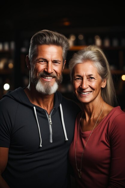 Man en vrouw glimlachen voor een foto samen in een donkere kamer Generatieve AI