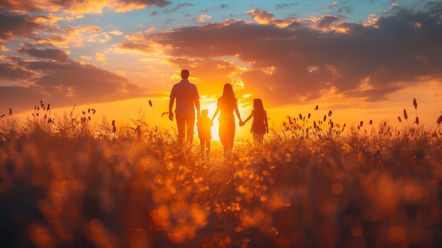 Foto man en vrouw hand in hand in het veld bij zonsondergang