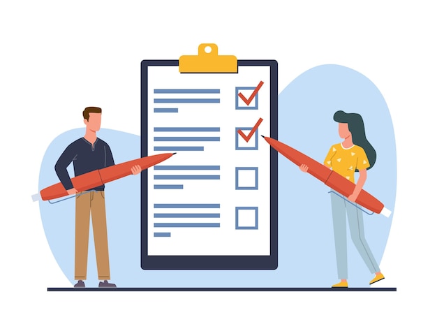 Man en vrouw houden pennen vast en schrijven doelen op om te bereiken of een to-do lijst te maken Kleine mensen met een enorme checklist rood potlood en clipboard papier Cartoon platte stijl geïsoleerde vector concept