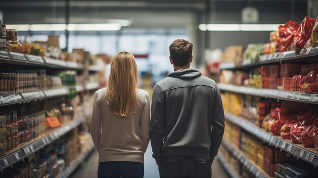 Man en vrouw in de achterkant van de supermarkt.