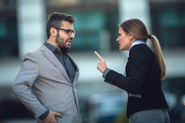 Foto man en vrouw in paar discussiëren op straat verkleed als leidinggevenden en zakelijke ai gegenereerd