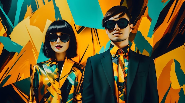 man en vrouw, kleurrijke kleding dragen met bril op kleurrijke achtergrond