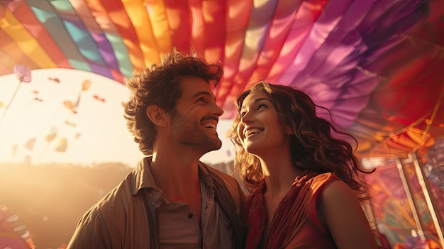 Man en vrouw kussen voor een luchtballon.