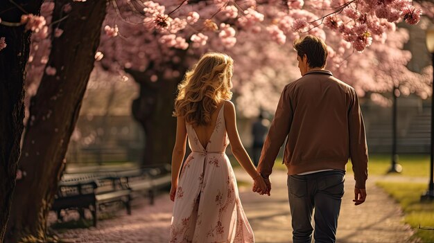 Man en vrouw lopen samen over een pad, hand in hand in de natuur