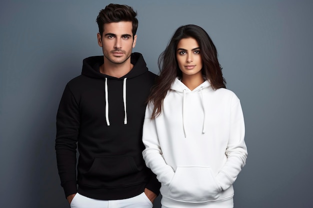 Man en vrouw met witte en zwarte hoodies