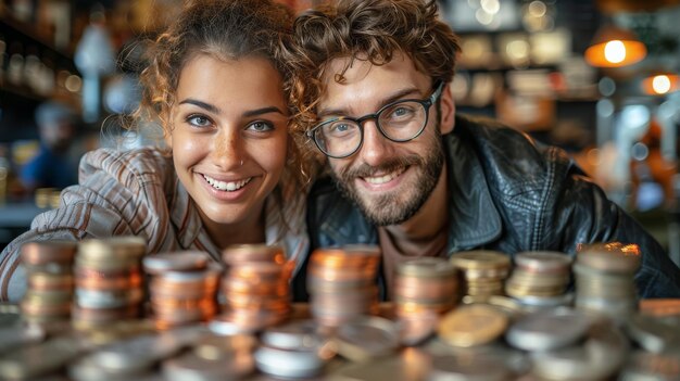 Foto man en vrouw staan naast stapels munten