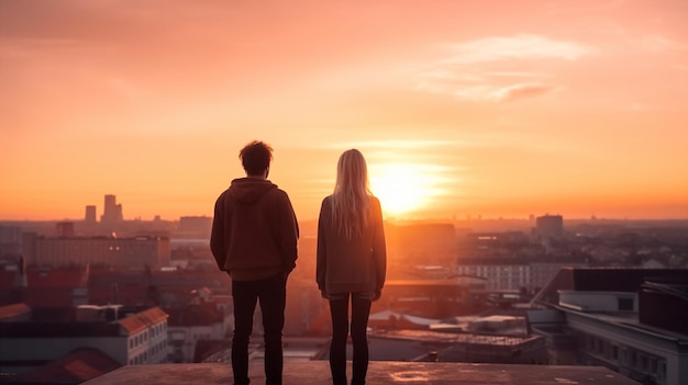 man en vrouw staan op penthouse kijken naar zonsondergang op avondlucht op romantische stad