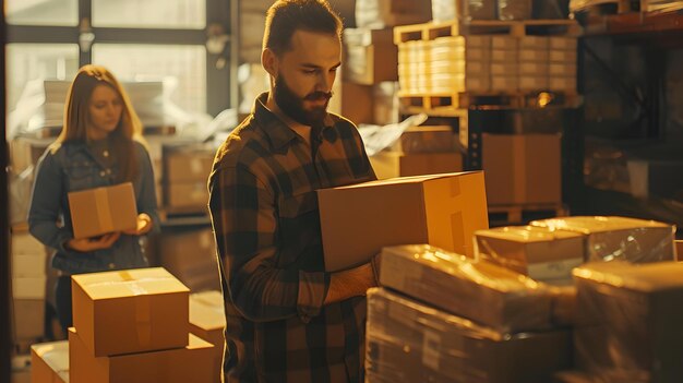 Man en vrouw werken in een magazijn en organiseren voorraad drukke logistieke hub activiteit teamwerk in het verzendgebied eerlijk werk moment in een opslagruimte AI