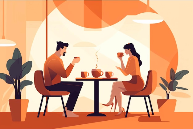 Man en vrouw zitten aan tafel in een café en praten.