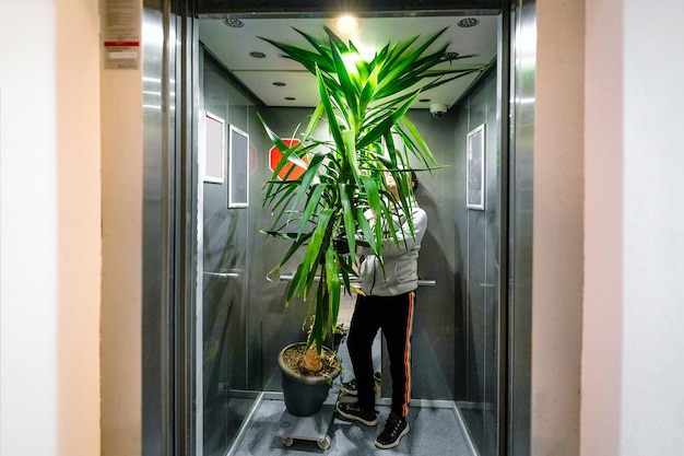 Foto man en yucca potplant in de lift