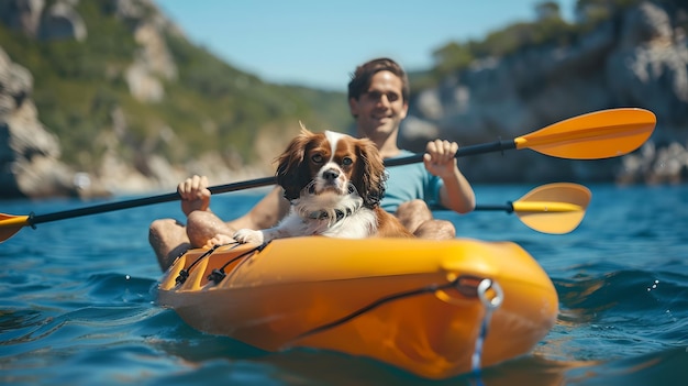 Man en zijn hond genieten van een kajak avontuur in serene blauwe wateren Een perfecte dag buiten met een huisdier metgezel Casual leisure lifestyle beeld AI