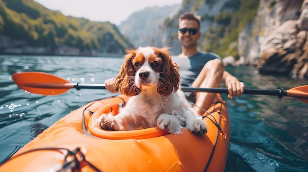 Man en zijn trouwe hond genieten van een zonnige dag kajakken op een serene rivier perfecte mix van avontuur en gezelschap Outdoor levensstijl prachtig vastgelegd AI