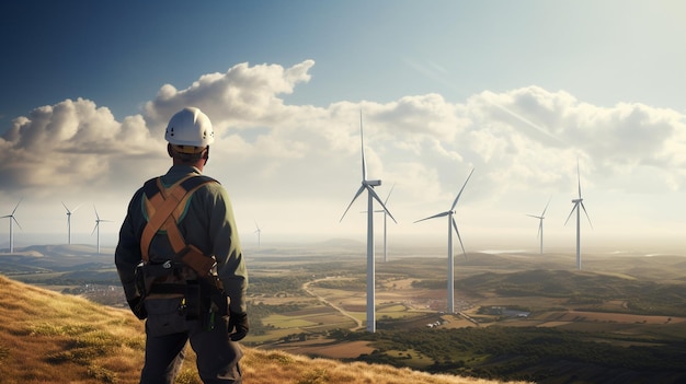 man engineer in a hard hat in a green field of windmills