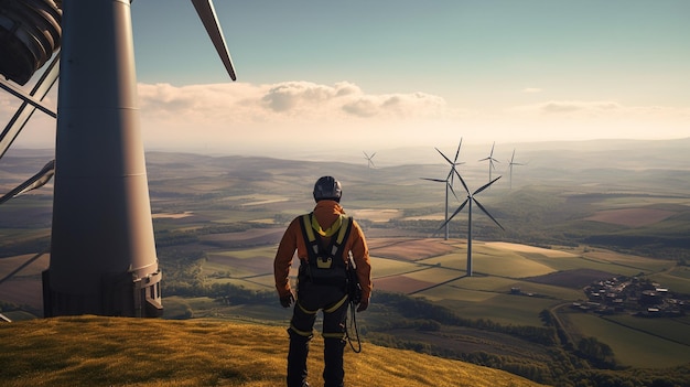 man engineer in a hard hat in a green field of windmills