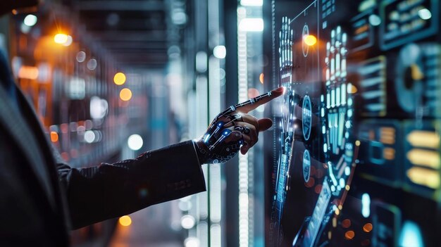 Photo a man engrossed in his smartphone amidst the hum of a data center populated with servers and cables