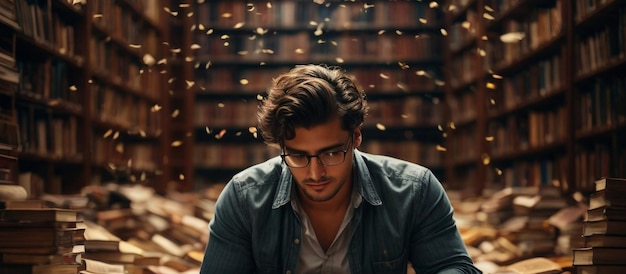 Photo a man engrossed in a sea of knowledge at a library