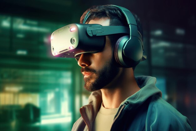 Человек, поглощенный виртуальной реальностью с гарнитурой и наушниками VR