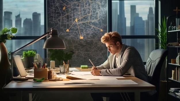 Man Engrossed in Writing Endeavor Whiteboard Nearby