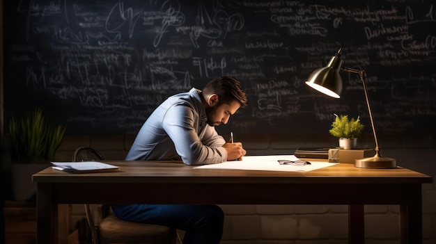 Man Engrossed in Writing Session Whiteboard Nearby