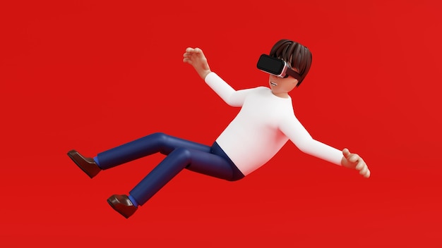 남자는 VR 안경과 공기 기술 및 게임 3D 렌더링에서 부상으로 가상 현실을 즐깁니다.