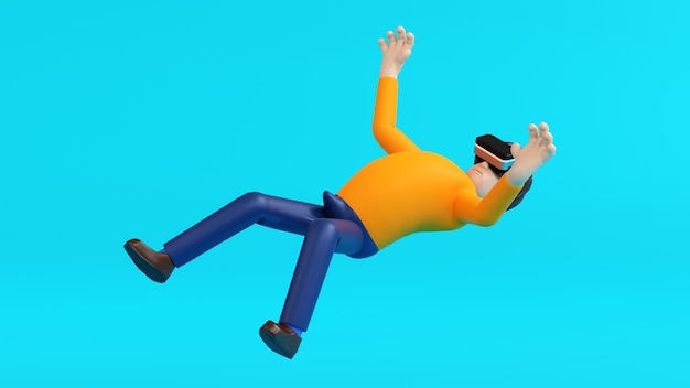 L'uomo gode della realtà virtuale con gli occhiali vr e la levitazione nella tecnologia dell'aria e il rendering 3d di gioco