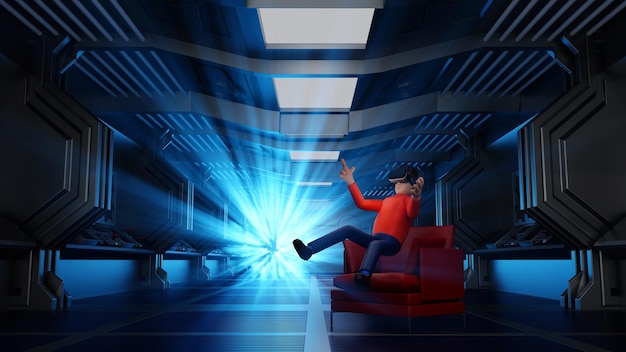 Man enjoy virtual reality with VR glasses and levitation in sci fi spaceship cinema game 3D render